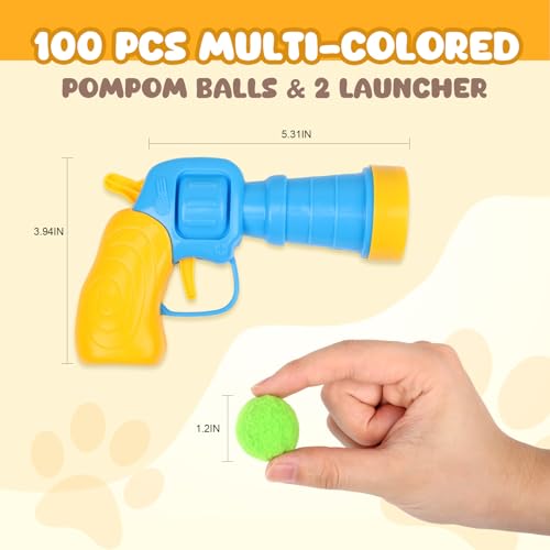 TEAWOO 100Pcs Cat Toys Pom Pom Balls with 2 Launcher Set - size: 2 launchers & 100 balls