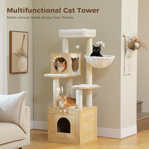 PEQULTI 57.5" Cat Tree with Litter Box Enclosure, Wood Cat Condo, Beige - color: Beige, size: XL(18.9"L x 18.9"W x 57.5"H)