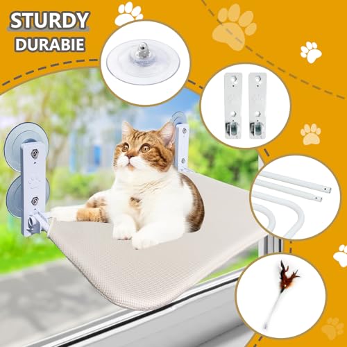 Cat Window Perch Seat Hammock, Foldable Hammock with 4 Strong Suction Cups, Easy to Assemble and Cat Wand,Cream - color: cream