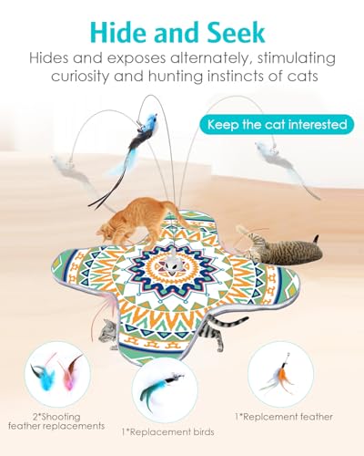 Interactive Cat Toy, Rechargeable Cat Toys for Indoor Cats, Automatic Cats Chasing Toy, Hide & Seek, 2 Modes, Self-Holding Suction Base, 3-in-1 Feather Toys with 1 Teaser Pole, 4 Replacements