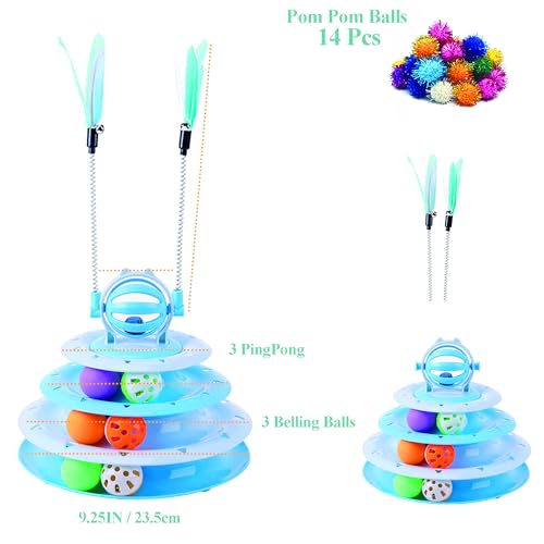 Vealind Cat Toy Roller 4-Level Turntable Cat Toys Balls with 14 Pcs Colorful Pom Pom Balls Interactive Fun Mental Physical Exercise Puzzle Kitten Toys (Blue) - color: Blue