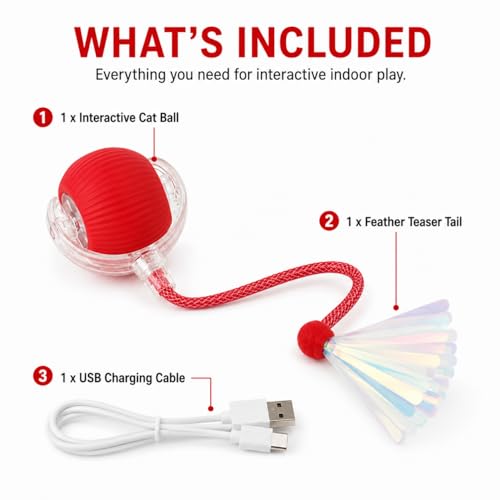 Interactive Cat Toy Ball with LED Lights, USB-C Rechargeable Automatic Cat Toy with Feather Tail, Smart Exercise Toy for Indoor Cats & Kittens, Upgraded Version - color: Red ball