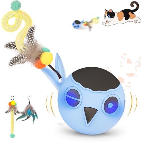 Cat Ball Toy, Upgraded Smart Motion Sensor Moving Ball with 3 Speed Modes & 4 Sounds, Interactive Toy for Indoor Cats, Motion Activated, Chirping Light, 2 Feather Tails(Blue) - color: Blue