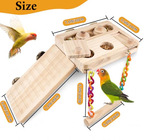 FlidRunest Wooden Bird Foraging Puzzle Platform Swing with Climbing Ladder for Parrots, Parakeet, Cockatiel, Sun Conures - Birds Interactive Mental Enrichment Toy, Bird Seed Slow Feeder Toy for Cage