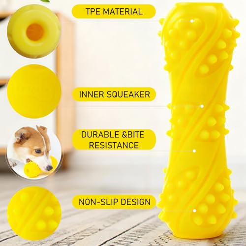 Dog Toys for French Bulldogs, Interactive Squeaky Dog Chew Toys for Aggressive Chewers, Natural Rubber Dental Teething Toys for Small to Medium Dogs, Yellow