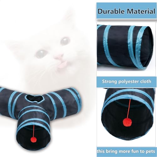 Cat Tunnel Tube Toys, 3 Ways Tunnels for Indoor Cats with Play Ball - color: 3 Way Black Blue