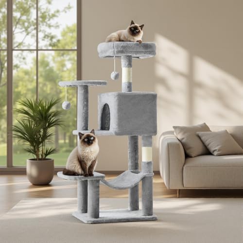 DUMOS 44 Inch Cat Tree Tower with Natural Sisal Scratching Posts - color: Light Grey, size: 44 Inch