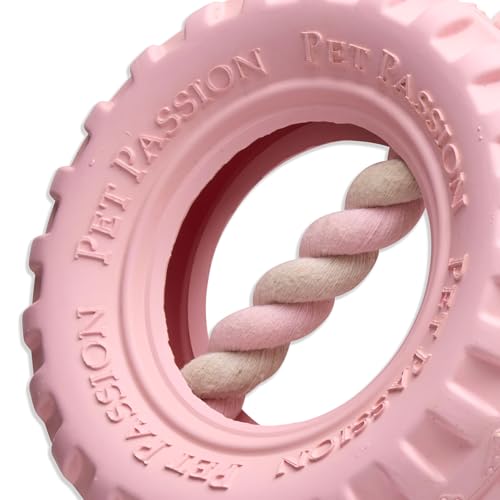 Pet Passion Natural Rubber Tire and Organic Cotton Rope Pull and Chew Dog Toy for All Pet Breeds, Blush, Large - color: Blush, size: Large