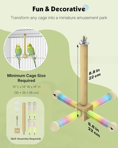 Pawfly Natural Wood Spinning Bird Standing Perch, 360 Degree Rotatable Chew Play Toy, Interactive Cage Accessory for Parakeets Cockatiels