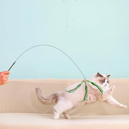 Andiker Cat Wand Toy, 3pcs Setaria Cats Feather Toy Refills with Bell and a 35.8'' Long Flexible Steel Wire Rod, Interactive Cat Toys for Indoor Cats Doing More Exercise and Enjoy Playtime