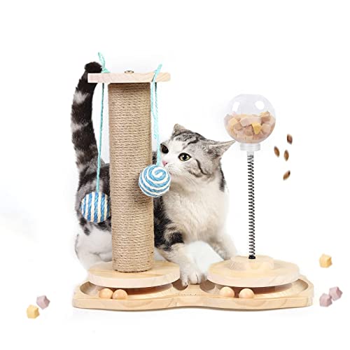 Marchul 4 in1 Interactive Cat Toy, Natural Sisal Cat Scratching Post with Hanging Balls, Cat Toys with Roller Track Ball by Wooden, Cat Food Feeder Toy with Treat Ball for Indoor Cats and Kittens