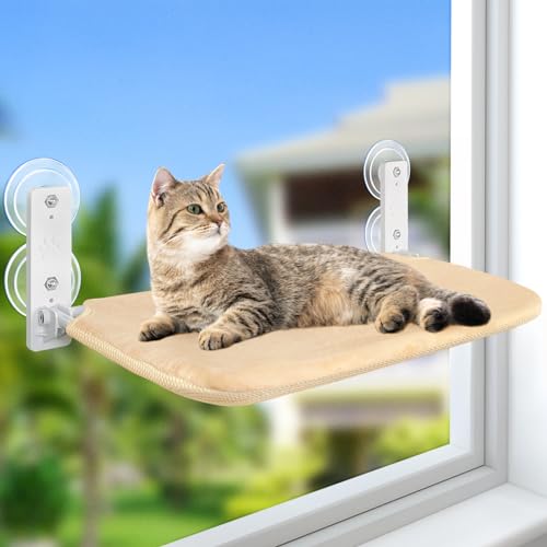 Sunhoo Cat Window Hammock Perch Cordless Perches Window Sill Seat Bed Foldable Stable Lounger Upgraded Suction Cup Easy Assembly Indoor Cats Kitty Shelf Hold Up to 55lbs (Beige, L) - color: beige, size: L