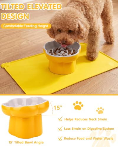 Ceramic Elevated Slow Feeder Cat Bowl Set with Feeding Mat & Measuring Scoop, Raised Tilted Puzzle Bowl for Cats & Small Dogs, Whisker Friendly Pet Feeding Dish for Dry Wet Food (Yellow) - color: Yellow