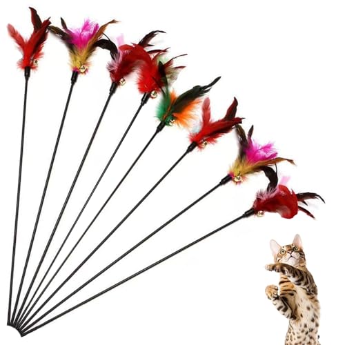 KABASI 8Pack Cat Feather Wand Toys with Bell