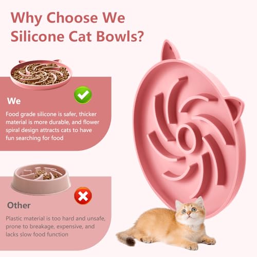 2Pcs Silicone Slow Feeder Cat Bowl,Puzzle Feeder,Interactive Toys,Slow Feeding cat Bowl Suitable for All Dry and Wet Foods,Easy to Clean Silicone Bowls(Grey and Pink) - size: Grey / Pink