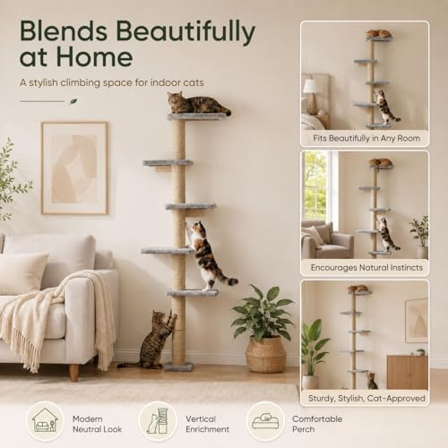 80-Inch Wall-Mounted Cat Tree with Scratching Post & 5 Perches