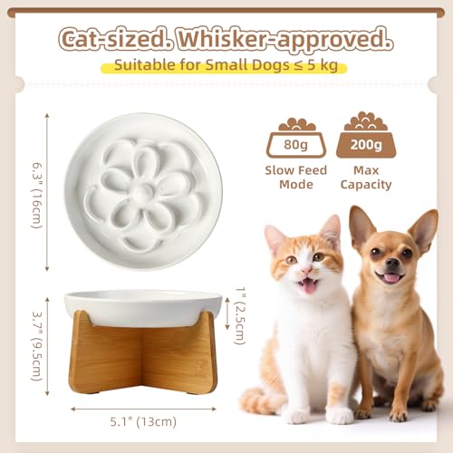 PTOBER Elevated Slow Feeder Cat Bowl - Melamine Cat Dish with Anti-Slip Bamboo Stand - Whisker Friendly Feeding Bowl - Floral Maze Food Plate for Slow Eating - White - color: White