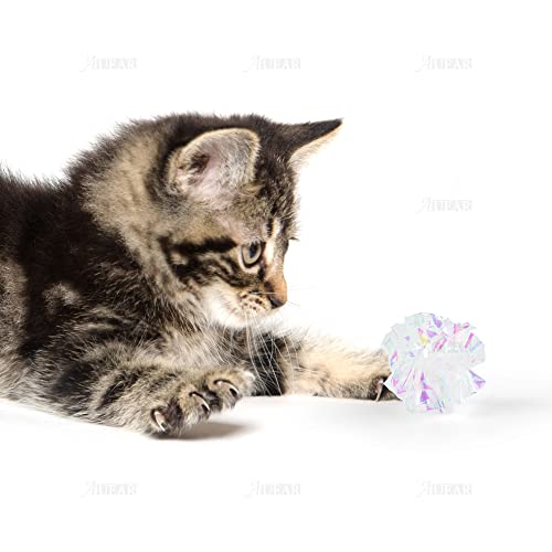 AUEAR, 20 Pack Dye Free Cat Crinkle Balls 2" Mylar Sounds Shiny Kitty Glitter for Cats