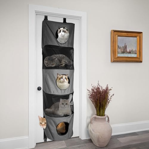 Homegroove 5-Level Door Cat Tree, Space Saving Door Hanging Cat Shelf, Multi-Level Polyester Hanging Cat Tree for Multi-Cats Family, Collapsible, Tool-Free Assembly, Fits Doors <80" (Grey, 5-Level)