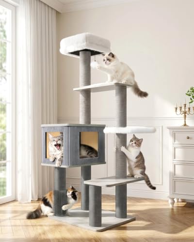 60" Heavy Duty Cat Tree, Tall Cat Tower for Large Cats, Grey