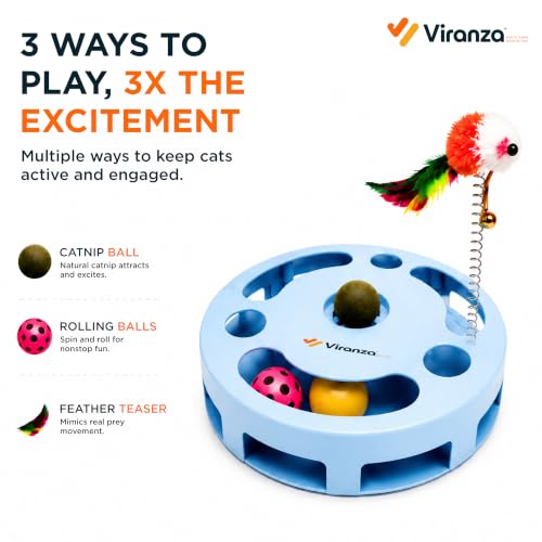 4 Interactive Cat Toy with Catnip Ball, Dual Rolling Balls & Feather Teaser - color: Green