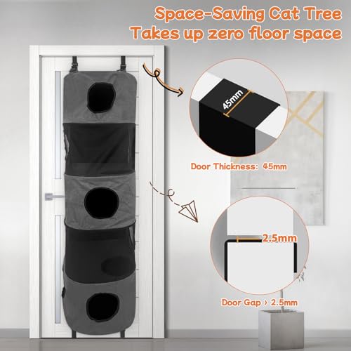 Homegroove 5-Level Door Cat Tree, Space Saving Door Hanging Cat Shelf, Multi-Level Polyester Hanging Cat Tree for Multi-Cats Family, Collapsible, Tool-Free Assembly, Fits Doors <80" (Grey, 5-Level)
