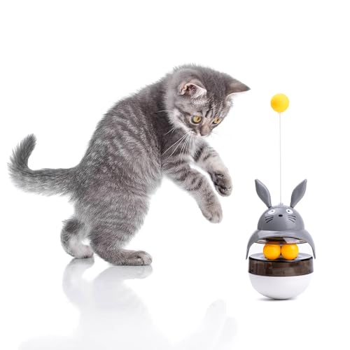 Cat Treat Puzzle Toy, Auto-Balancing Pet Food Dispenser - Brain Stimulating - Slow Feeder - Boredom Relief Kitten Toys, Interactive Training, Indoor Bored Cats (Grey) - color: Grey