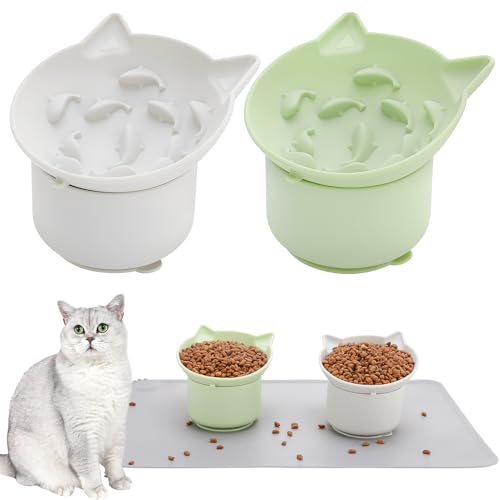 2Pack Slow Feeder Cat Bowls Silicone Tilted Raised Pet Bowl - color: Gray, Green