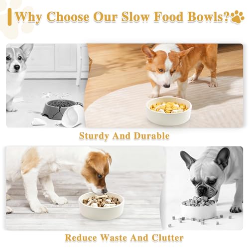 Ceramic Slow Feeder Dog Bowls, 0.6 Cups Dog Food Dish for Small Breed - color: Beige-M