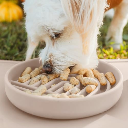 Slow Feeder Dog Bowl - Silicone Dog Bowl, Small, 6" x 1.25" - Tan - color: Tan - Rainbow Design, size: Small (6” Across x 1.25” Tall)