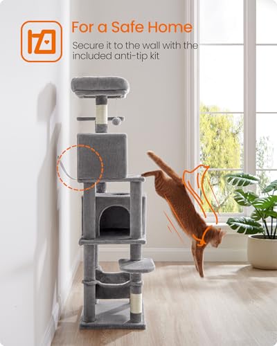 Feandrea Cat Tree, 59.5-Inch Tall Cat Tower, Multi-Level Condo, Light Gray - color: Light Gray, size: 59.5 Inches