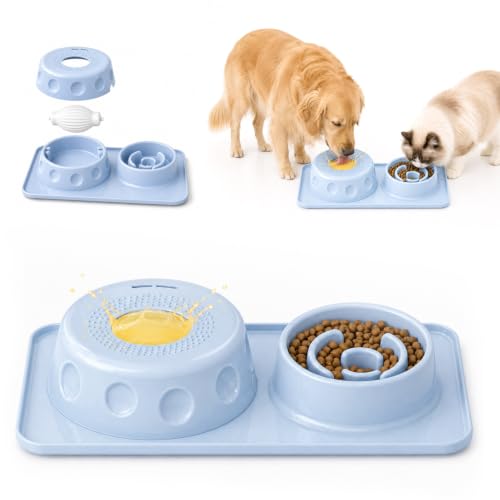 Slow Feeder Dog Bowl and Cat Water Bowl Set, 2 in 1 Pet Food and Water Bowl with Spill Proof Tray, Maze Puzzle Slow Eating Bowl for Cats and Dogs Blue - color: Blue, size: Double