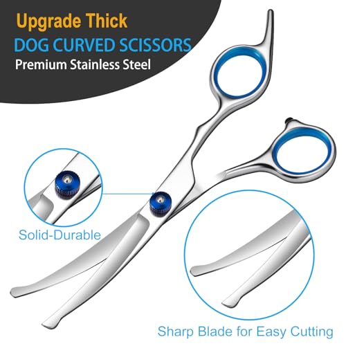 5 in 1 Upgraded Thicken Dog Grooming Scissors, Professional Dog Scissors for Grooming with Safety Round Tips, Lengnoyp Stainless Steel Thinning Shears, Pet Cat Shears for Grooming Kit