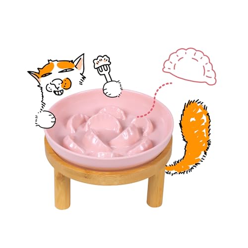 Slow Feeder Bowl, 6.3″ Elevated Cat Bowl with Stand, Melamine Wide Shallow Food Bowl, Whisker-Friendly Raised Plate, Wet Food Feeder for Slow Eating (Pink) - color: Pink, size: 6.3''W x 5''H