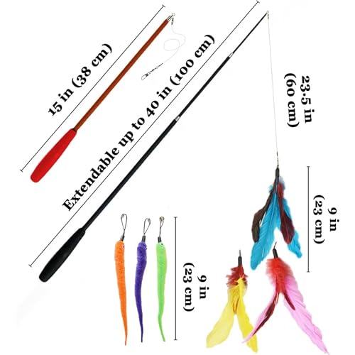 Vila Cat Feather Teaser Wand, Interactive Training and Exercise Wand Wonder, for Kittens and Adult Felines, Suits All Breeds and Sizes, 2 Retractable Poles, Worm Attachments and Strings