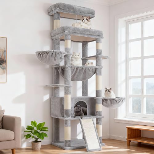 Hey-brother Cat Tree Tower with Extra Large Platform and Basket, MPJ080W - color: Light Gray, size: 71.7 inches
