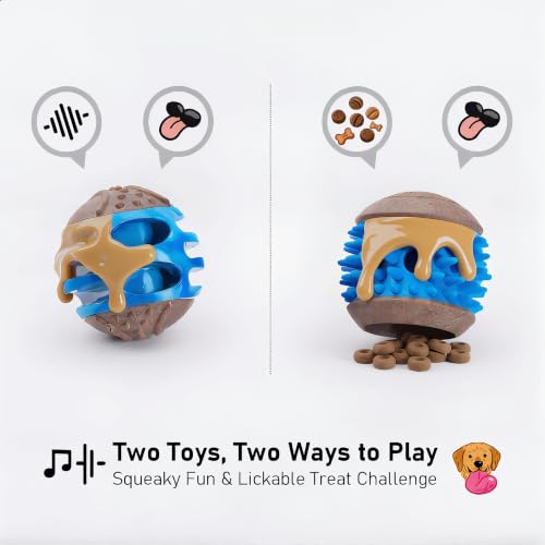 MECOOL 2PCS Durable Dog Chew Toys, Squeaky Chew Ball & Treat Dispensing Toy, Tough Nylon Ends & Natural Rubber for Aggressive Chewers, Interactive Puzzle Toys for All Breed Dogs,Bacon Flavored,Blue - color: Blue