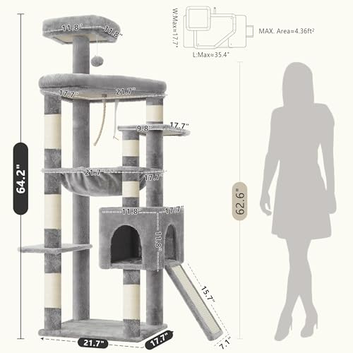 Heybly 64.2" Heavy-Duty Cat Tree for Large Cats with Wide Base HCT027W - color: Light Gray, size: 64.2 inch