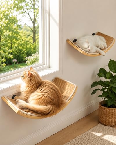 Curved Cat Wall Hammock with Scratchable Sisal Pad, Large Floating Cat Shelf for Wall, Wall Mounted Beige Bed for Playing, Climbing, and Sleeping - color: 1 Curved Bed (Sisal Mat)