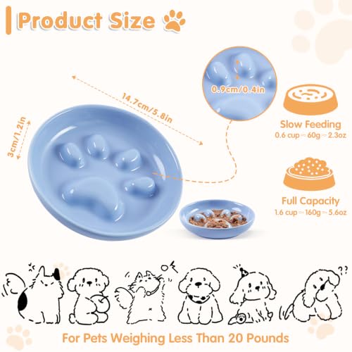 Cat Slow Feeder Bowl Set,2 Pcs Pastel Series Cat Plate for Dry and Wet Food - color: Cat's Paw-A