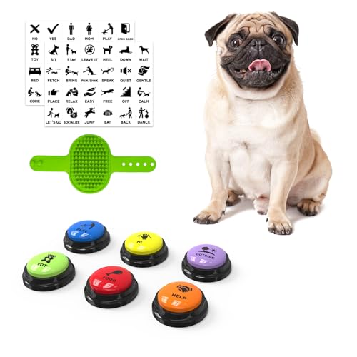 Dog Buttons for Communication, 6 Pack Recordable Talking Buttons for Dog Training with 30 Seconds Voice Recording | Includes Non-Slip Mat & Dog Bath Brush Present Set - size: B-6 Pack