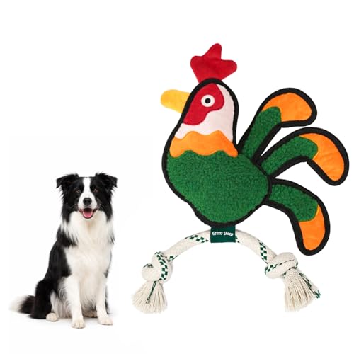 Green Sheep Squeaky Plush Dog Toy, Interactive Rope Toy with Recycled Materials for Tug, Fetch and Play, Medium to Large Dogs, Chew Toy, Cock - color: Rooster