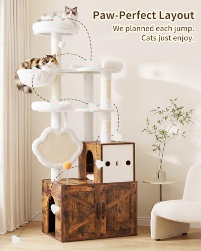 Heybly Cat Tree with Litter Box Enclosure, Modern 64" Hidden Tower HCT105SR - color: Rustic Brown