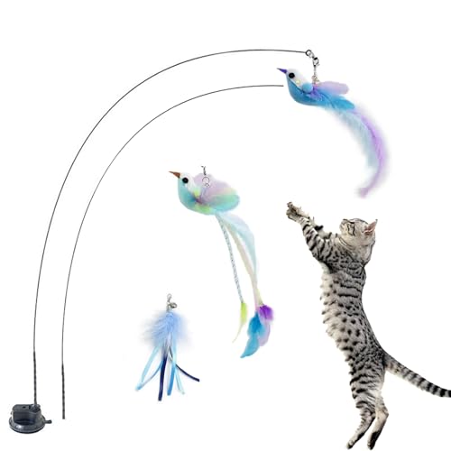 Interactive Cat Wand Toys, 2 Wands with 3 Feather Refills for Indoor Cats - color: white
