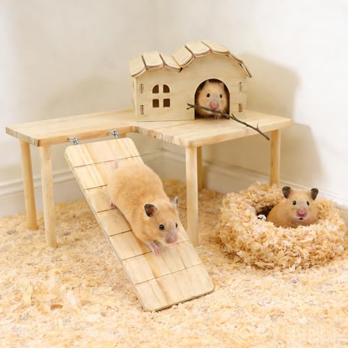 2 Pcs Wooden Hamster Platform Set, Hamster Wooden House Hideout, with Detachable Ladder Bridge, Climbing Toys, Cage Accessories, Small Animals Habitat Decor for Rat Gerbils and Other Small Pets
