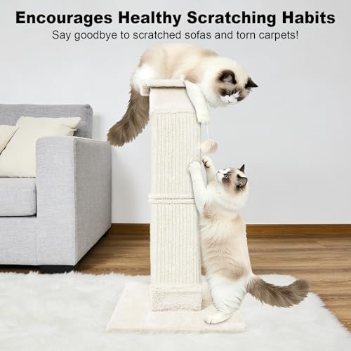 Cat Scratching Post 33 Inch for Indoor Cats, Sisal Cat Scratcher, Beige - color: Beige White
