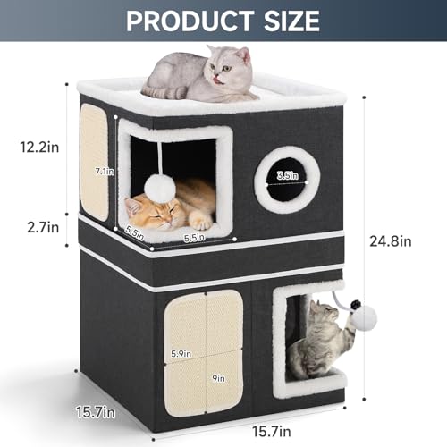 Shikha 2 Story Cat House beds for Indoor Cats with Scratch Pads Black - color: Black, size: Double
