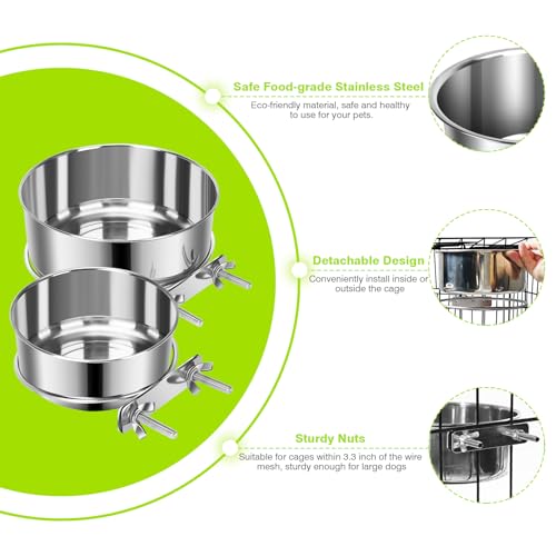 2 Pcs Stainless Steel Small Dog Crate Food Water Bowl, 19 & 12 OZ - color: Silver, size: XS (19 & 12 OZ)