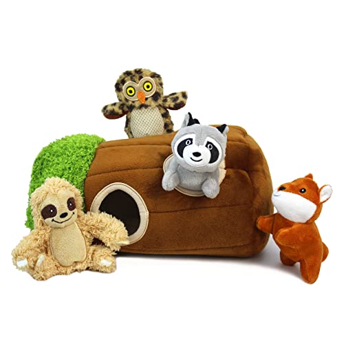Hide and Seek Dog Puzzle Puppy Toys, Interactive Squeaky Plush, Stuffed Toys for Dogs, Small Size(Sheep, Panda, Forest Animals) (Tree Hole Mix Medium)