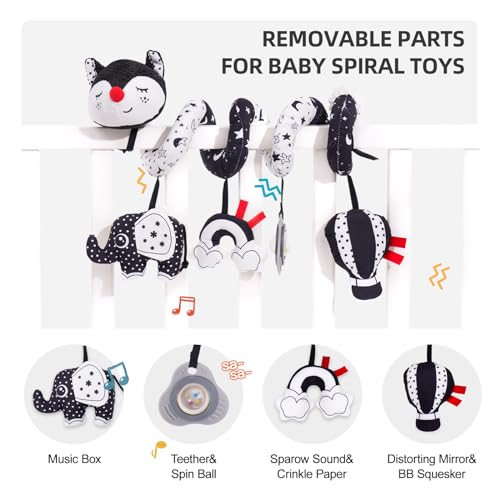 Koty Car Seat Toys, Infant Baby Spiral Plush Activity Hanging Toy for Stroller Bar Pram Crib with Music Box BB Squeaker & Rattles(Black Fox) - color: Black & White Fox